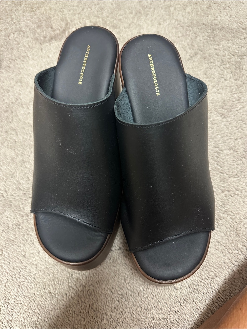 Anthropologie Black Leather Open-Toe Slide Mules